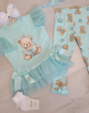 Load image into Gallery viewer, Mint green teddy bear top, leggng &amp; headband set