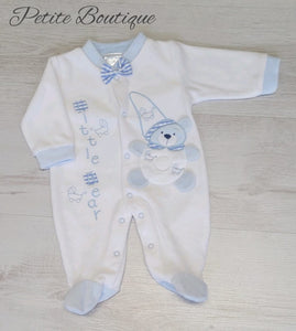 White/blue velour bear babygrow