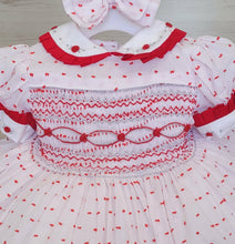 Load image into Gallery viewer, REDUCED CHECK DESCRIPTION white/red smock dress, pants &amp; bows