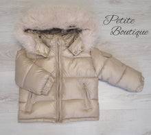 Load image into Gallery viewer, Champagne padded winter coat with faux fur trim hood