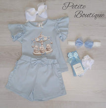 Load image into Gallery viewer, Light blue teddy carousel top, short &amp; headband set
