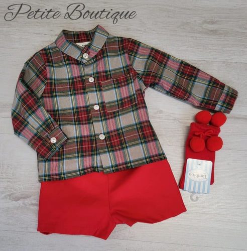 Spanish older boys tartan shirt & red short set