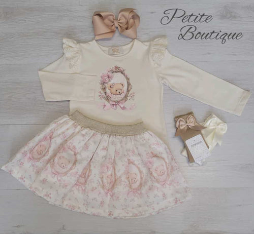 Beige teddy bear top & skirt set