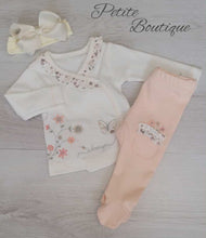 Load image into Gallery viewer, Peach butterfly 3pc set top, bottoms &amp; bow headband