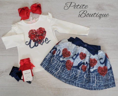 White/navy love top & skirt set