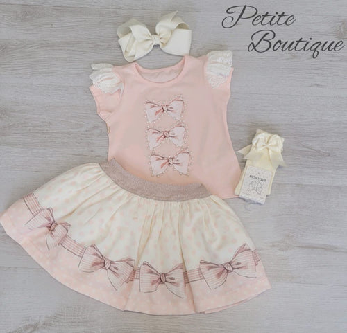 Peach/cream bow top & skirt set