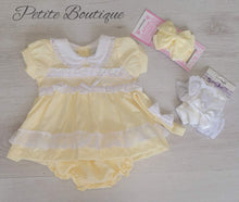 Load image into Gallery viewer, Lemon/white smocked frilly dress, pants &amp; headband set