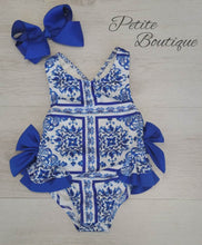 Load image into Gallery viewer, Royal blue patterned double bow swimsuit