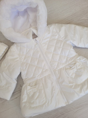 White pearlised padded coat with faux fur trim hood