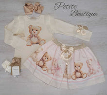 Load image into Gallery viewer, Cream/pink diamanté teddy top &amp; skirt set