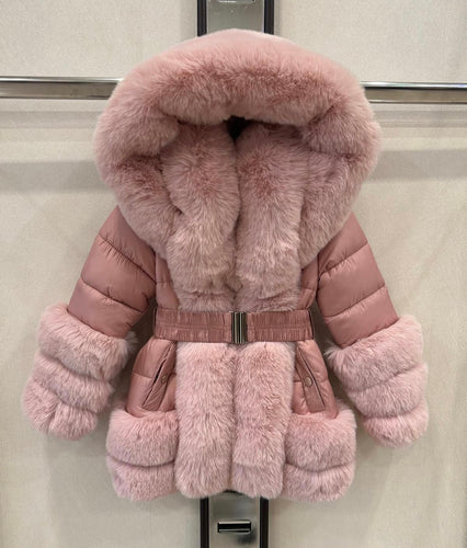 Pink faux fur trim coat