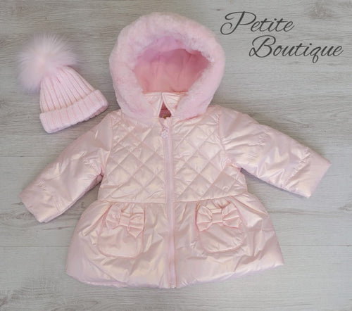 Pink pearlised padded coat with faux fur trim hood