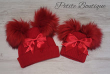 Load image into Gallery viewer, Red double pompom/bow hat