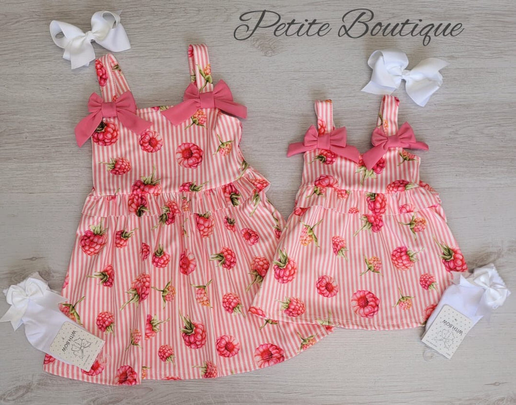 Raspberry print double bow summer dress