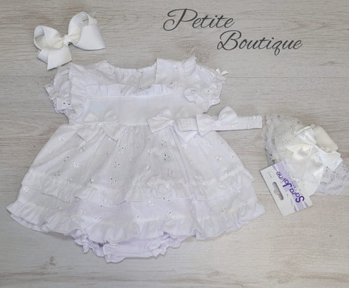 White frilly dress, pants & headband set