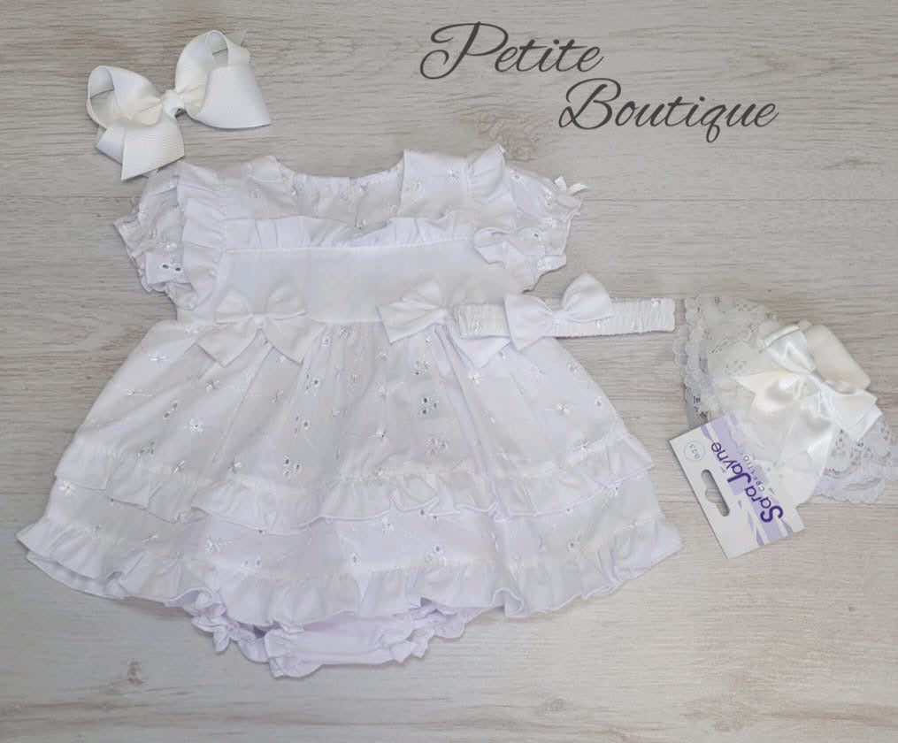 White frilly dress, pants & headband set