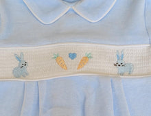 Load image into Gallery viewer, Blue bunny smock velour babygrow