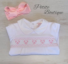Load image into Gallery viewer, White/pink bear smock babygrow