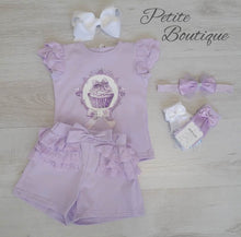 Load image into Gallery viewer, Lilac cupcake top, short &amp; headband set