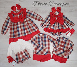 Spanish red & blue check dress & matching pants