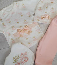 Load image into Gallery viewer, Peach princess 4pc set top with gold over mitts, bottoms, hat &amp; bib