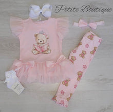 Load image into Gallery viewer, Pink teddy bear top, leggng &amp; headband set