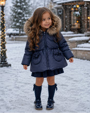 Load image into Gallery viewer, Italian Bufi navy coat with fur trim hood