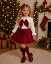 Load image into Gallery viewer, Caramelo dark red bow top &amp; skirt set with matching hairband