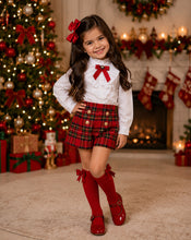 Load image into Gallery viewer, Older girls bow shirt &amp; tartan short set