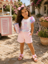 Load image into Gallery viewer, Caramelo tutu sleeve top &amp; short set includes drinks cup
