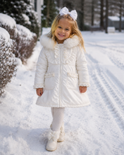 Load image into Gallery viewer, White puffer coat with faux fur trim hood