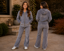 Load image into Gallery viewer, Grey angel velour tracksuit top &amp; flare bottom set