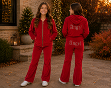 Load image into Gallery viewer, Red angel velour tracksuit top &amp; flare bottom set