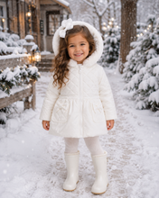 Load image into Gallery viewer, White pearlised padded coat with faux fur trim hood