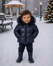 Load image into Gallery viewer, Navy blue padded winter coat with faux fur trim hood