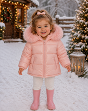 Load image into Gallery viewer, Dusky pink puffer coat with faux fur trim