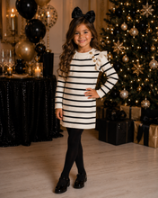 Load image into Gallery viewer, White/black stripe gold button dress