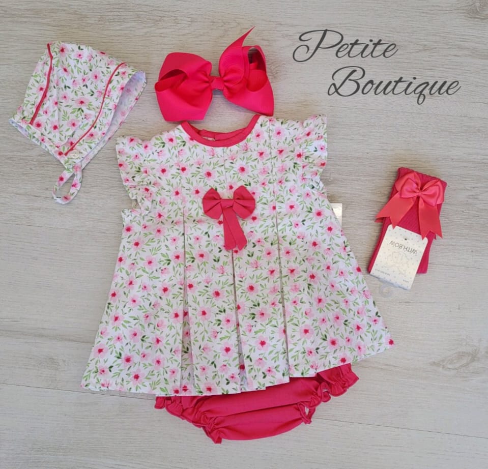 Spanish hot pink floral dress, bonnet & pant set