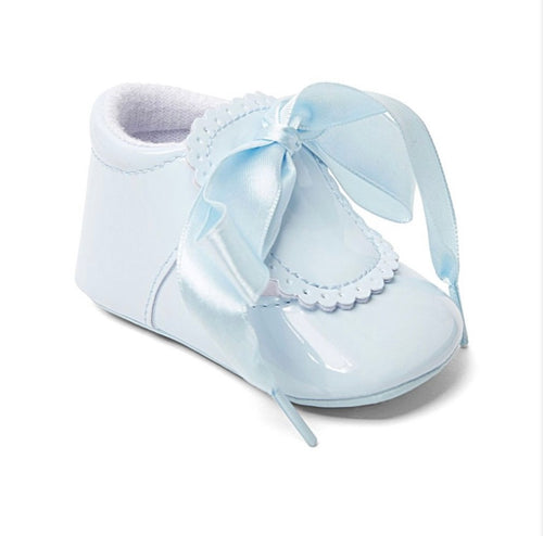 Baby blue patent ribbon bootie shoe