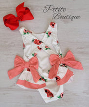 Load image into Gallery viewer, Girls raspberry print bow swimsuit