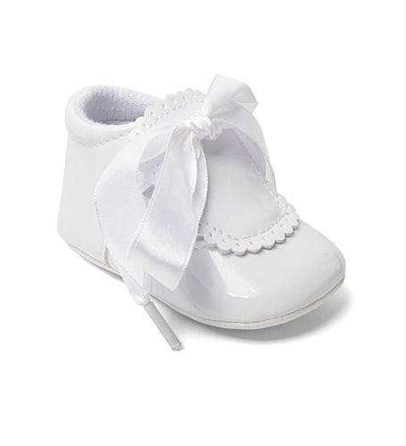 White patent ribbon bootie shoe