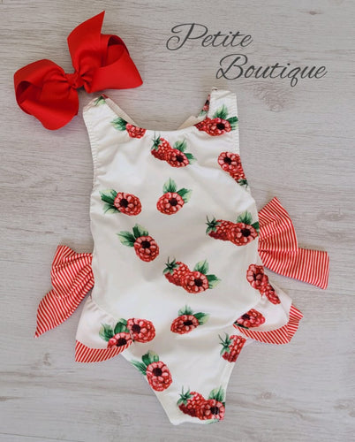 Girls raspberry print bow swimsuit