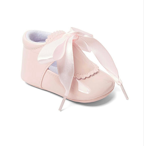 Pink patent ribbon bootie shoe