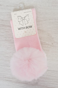 Pink faux fur pompom knee high socks