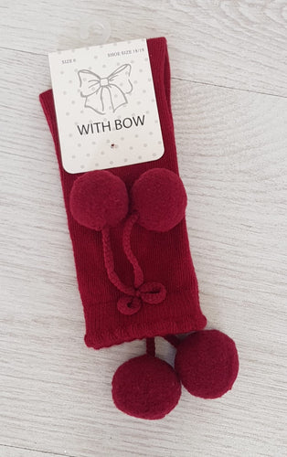 Burgundy pompom knee high socks