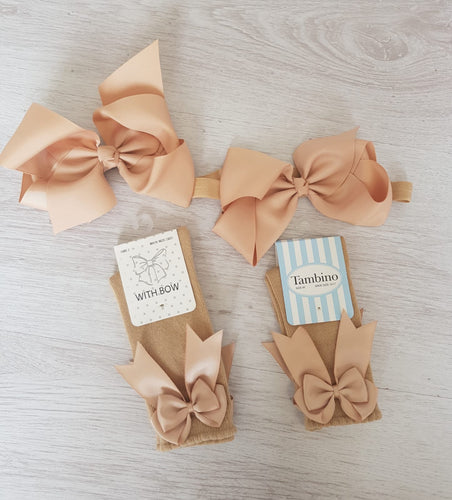 Camel/beige knee high bow socks + 5inch headband