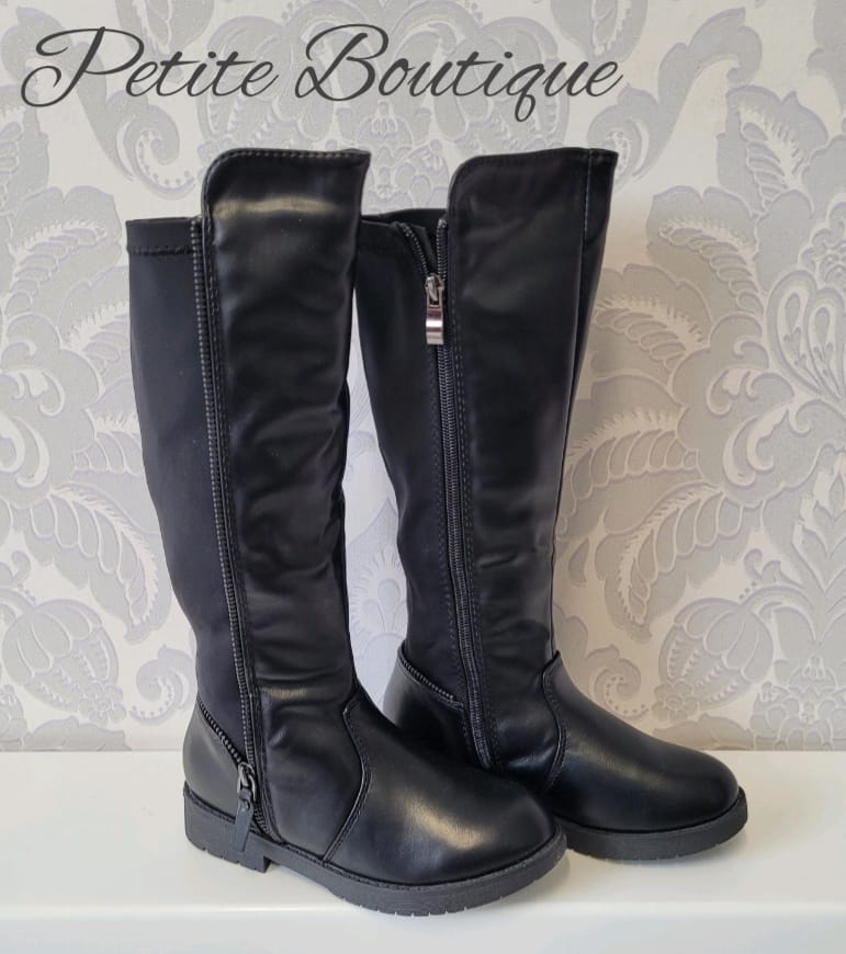 Girls black zip design knee high boots