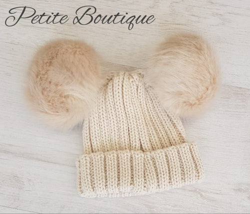 Camel faux fur double pompom hat