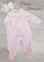 Load image into Gallery viewer, Spanish pink bow/diamanté velour babygrow