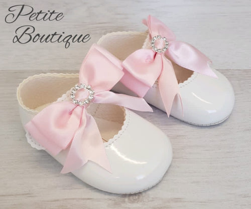 White patent pink diamanté bow soft sole shoes